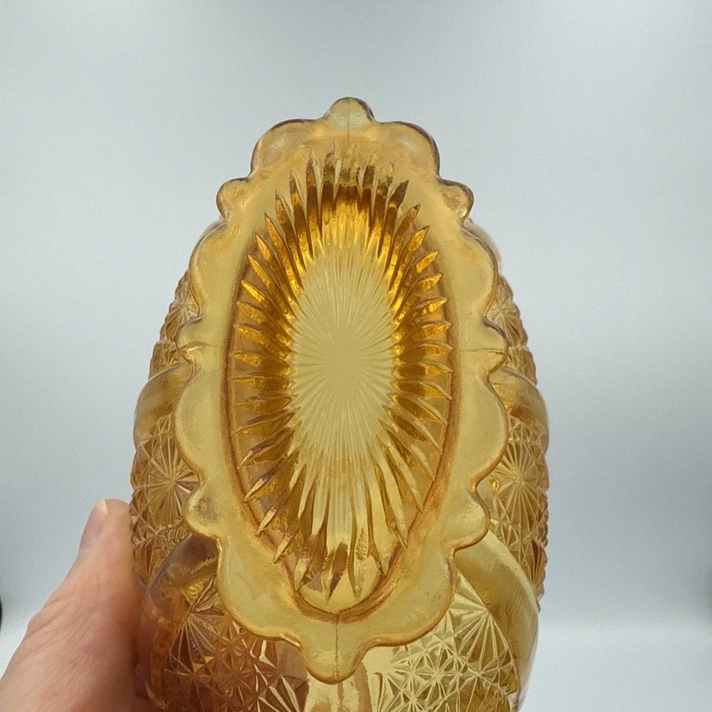 Vintage Fenton Honey Amber Daisy Button Glass Basket Dish with Split Twig Handle